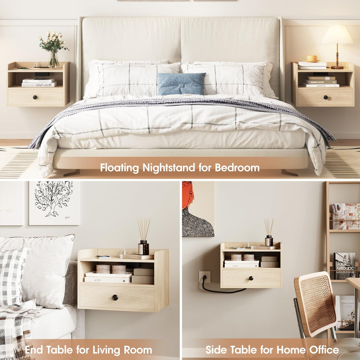 Natural Floating Nightstand Set of 2 with Charging Station and Storage Drawer Wall Mounted Bedside End Table Wood Modern Night Stand for Bedroom Nightstands Set 2 Natural HOSEOKA