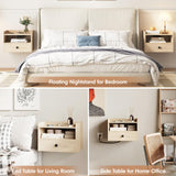 Natural Floating Nightstand Set of 2 with Charging Station and Storage Drawer Wall Mounted Bedside End Table Wood Modern Night Stand for Bedroom Nightstands Set 2 Natural HOSEOKA