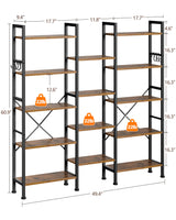 Furologee Triple 5 Tier Bookshelf, Bookcase with 14 Open Display Shelves, Wide Etagere Book Shelf, Industrial Shelving Units for Home Office, Living Room, Bedroom, Rustic Brown Furologee