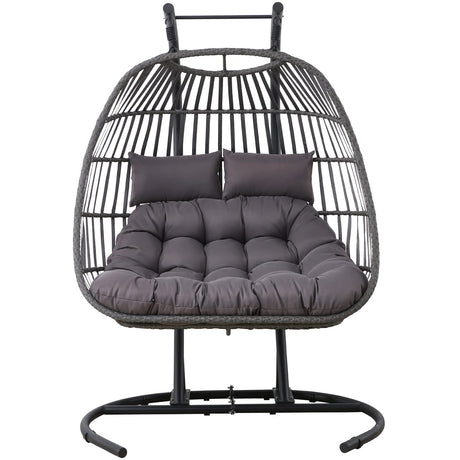 OTSUN Double Egg Swing Chair, Outdoor Wicker Hammock Chair with Cushions and Headrest Pillow, 2 Person Patio Hanging Chair for Indoor Patio Porch Garden, Black OTSUN