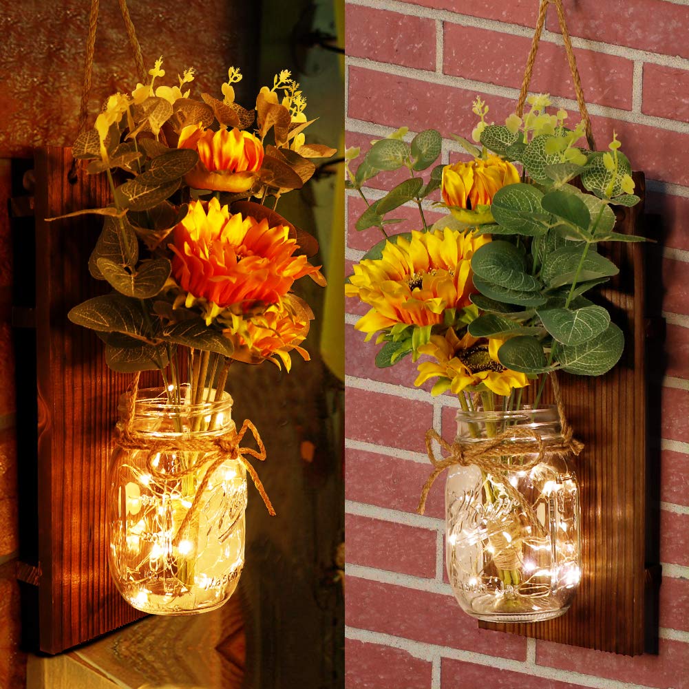OurWarm Country Farmhouse Sunflower Wall Decor with Mason Jars, Remote 6-Hour Timer LED Lights, Hanging Mason Jar for Home Kitchen Decor Living Room Lights, Set of 2 OurWarm