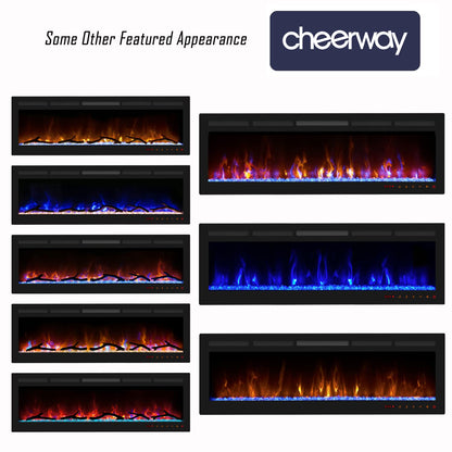 Cheerway 72 Inch Electric Fireplace, Recessed Fireplace Insert and Wall Mount Fireplace Heater with Remote & Touch Control, Adjustable Flame Color & Brightness, Log Set & Crystals, Child Lock & Timer