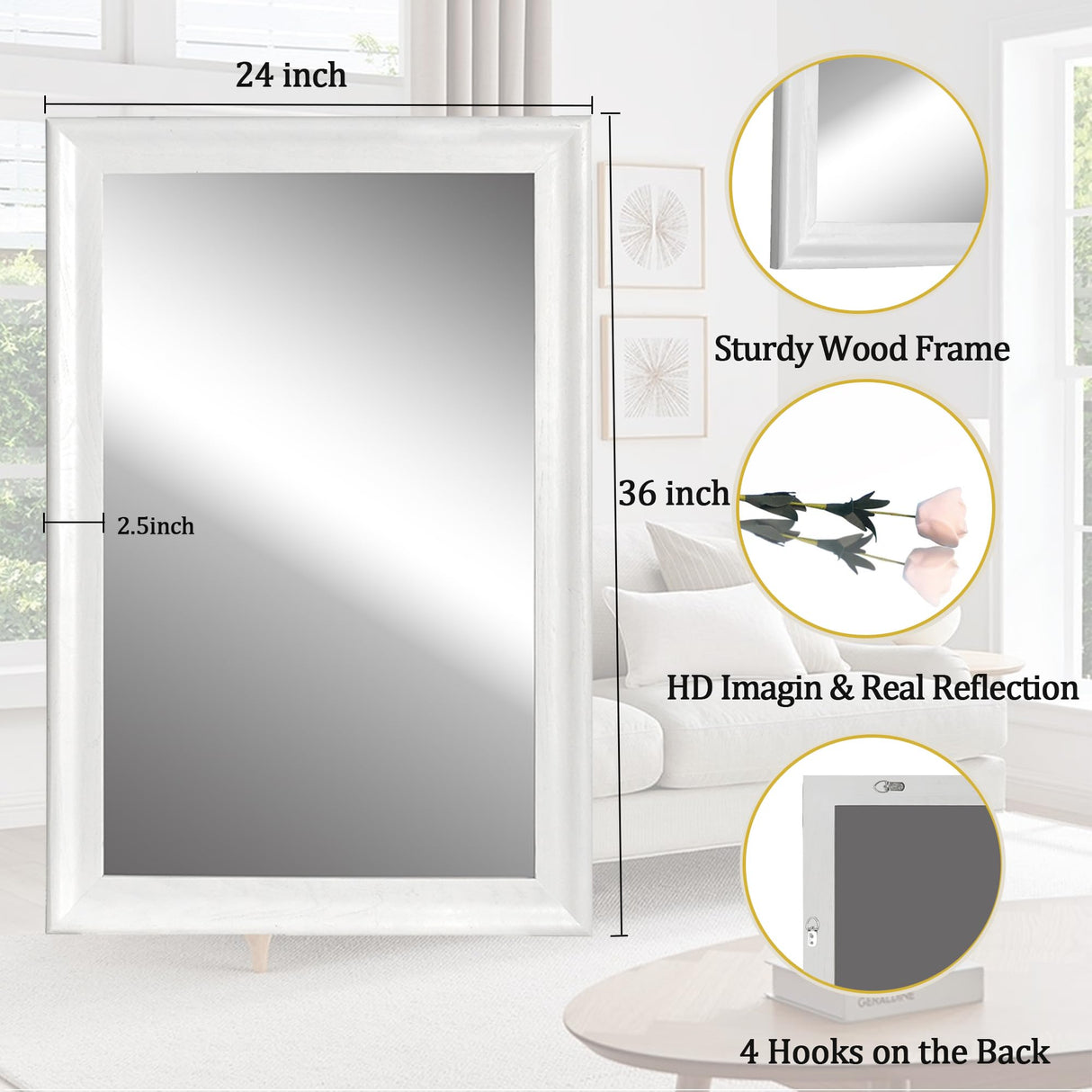 CULER White Wood Wall Mirror for Bathroom,Rectangle Rustic 24 x 36 inch Hanging Vanity Mirrors with Wooden Frame for Living Room,Bedroom,Entryway (24x36 inch, White) CULER