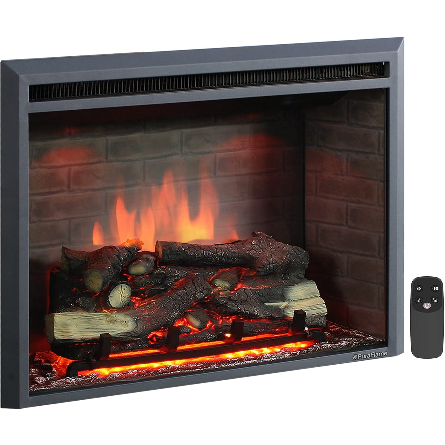 PuraFlame Western Electric Fireplace Insert with Fire Crackling Sound, Remote Control, 750/1500W, Black, 33 1/16 Inches Wide, 25 9/16 Inches High