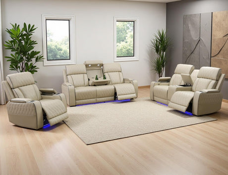 Anthato Power Recliner Sofa Set, Living Room Furniture Sets, Leather Reclining Sofa Set, Recliner Couch Loveseat and Chair with Coffee Table/Cup Holders/Charging Port for Home Theater Seat, Khaki Anthato