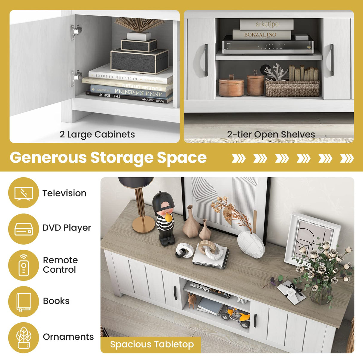 Tangkula 2 Doors TV Stand for TVs up to 65”, 57” TV Console Table w/ 2 Cabinets & Open Shelves, 2 Cable Management Holes. Wood Media Entertainment Center TV Cabinet for Living Room (White Oak) Tangkula