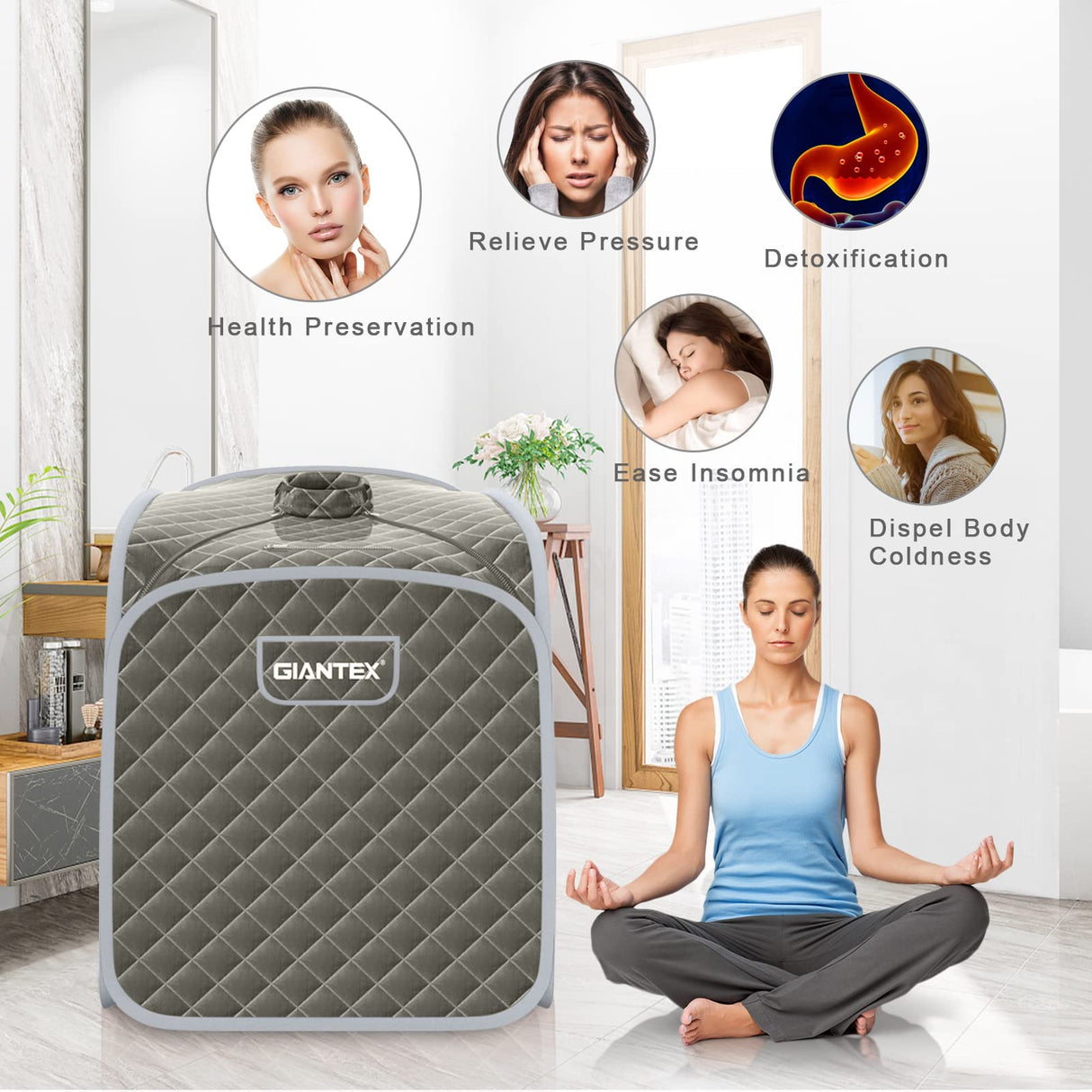 Giantex Portable Sauna, Sauna Box 3L Steam Box Remote Control, 9 Adjustable Temperature & Timer, Foot Roller, Mat & Foldable Chair, Steam Sauna for Single Person, Personal Sauna Tent for Home, Gray Giantex