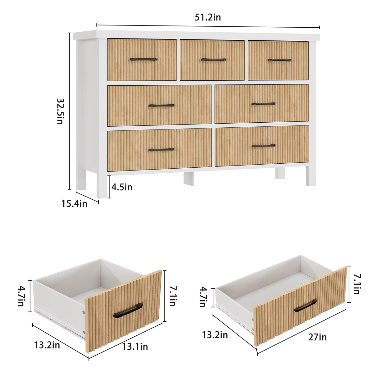 Jocoevol White Dresser 7 Drawer Dresser for Bedroom, Modern Fluted Dresser with Solid Wood Legs, Long Double Wooden Dresser Large Chest of Drawers for Living Room, Entryway, Hallway (Wood Fluted) Jocoevol