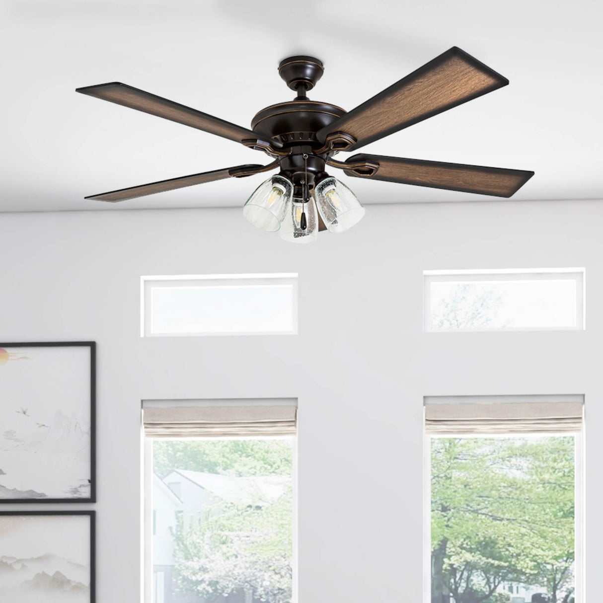 Prominence Home Glenmont, 52 Inch Farmhouse LED Ceiling Fan with Light, Pull Chain, Three Mounting Options, Dual Finish Blades, Reversible Motor - 40278-01 (Oil-Rubbed Bronze) Prominence Home