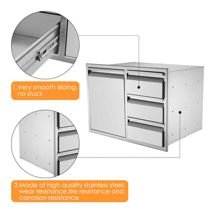 Yokrawpet Outdoor Kitchen Drawer Combo, BBQ Access Door Drawers Combo with Stainless Steel, Perfect for BBQ Grill Station Outdoor Kitchen Storage Cabinet (28"" W x 19.6“D x 20.1"" H), Large, Slivery