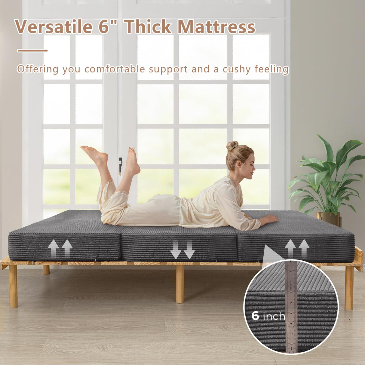 BYBYME Tri-Folding Corduroy Mattress, 6 Inch Gel Folding Mattress Topper, Foldable Soft Guest Bed Camping Pad, Washable Cover (Carbon Gray, Full) BYBYME