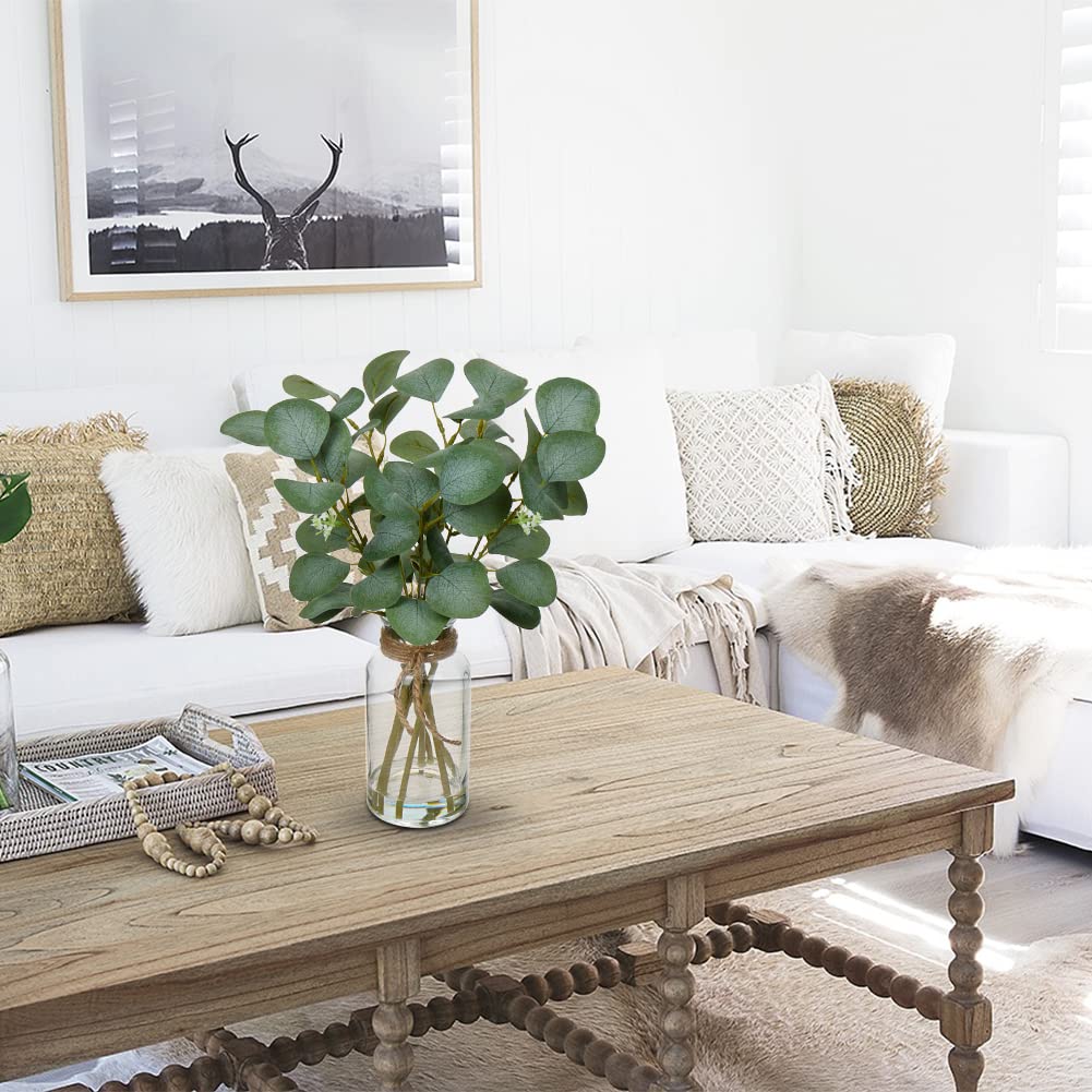 Briful Artificial Eucalyptus Stems in Glass Vase with Faux Water, 14" Fake Plant Eucalyptus Leaves for Home Bathroom Office Farmhouse Wedding Centerpiece Décor Briful