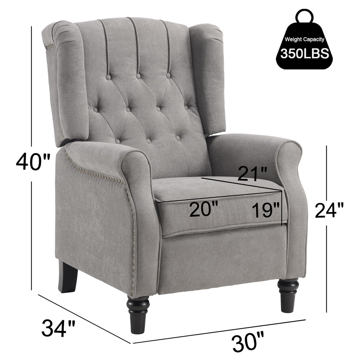 EBELLO Pushback Recliner Chair, Fabric Armchair Push Back Recliner with Rivet Decoration, Mid Century Wingback Accent Chair for Living Room, Bedroom, Grey EBELLO