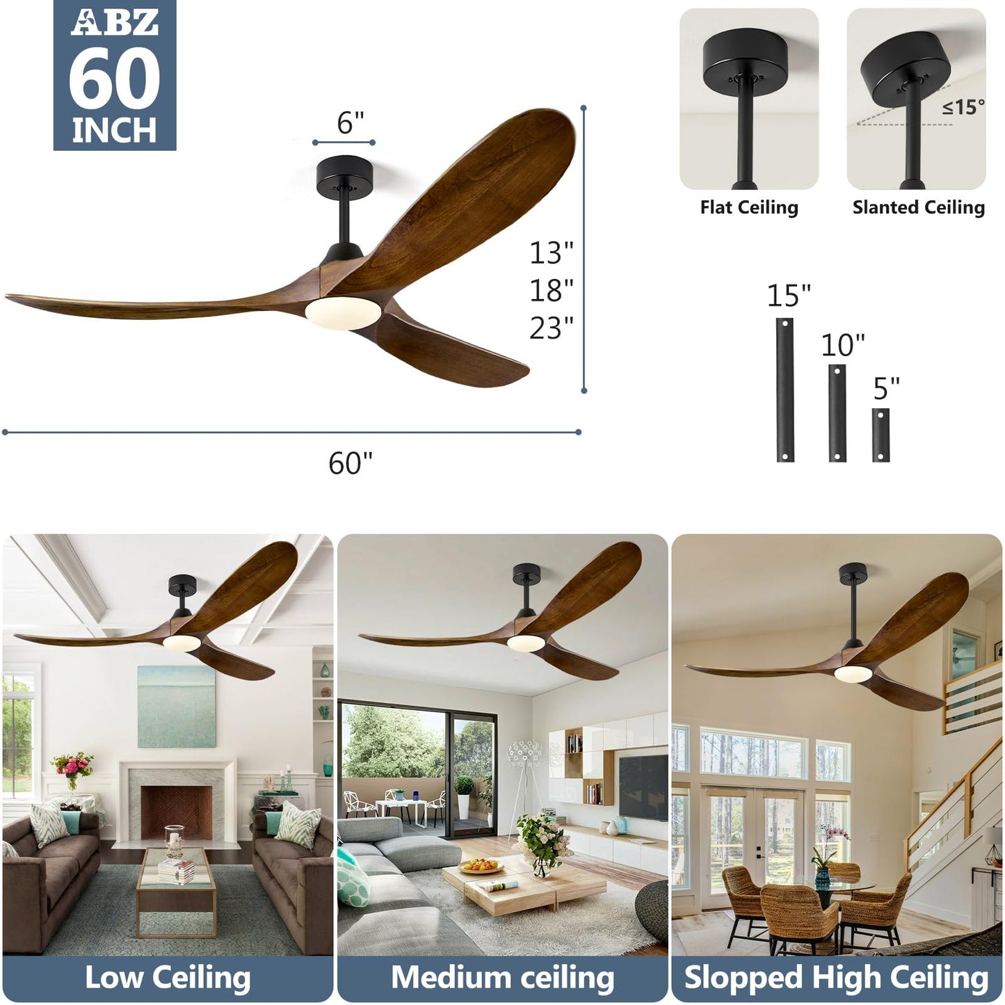 ABZ Ceiling Fans with Lights - 60 inch Propeller Ceiling Fan with Remote Control, 3 Blades Walnut Solid Wood Ceiling Fan for Indoor Outdoor Patio Bedroom Living Room Kitchen