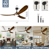 ABZ Ceiling Fans with Lights - 60 inch Propeller Ceiling Fan with Remote Control, 3 Blades Walnut Solid Wood Ceiling Fan for Indoor Outdoor Patio Bedroom Living Room Kitchen ABZ