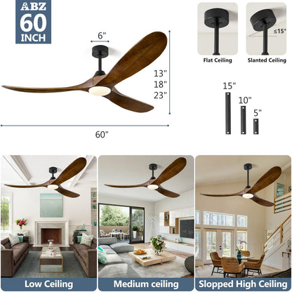 ABZ Ceiling Fans with Lights - 60 inch Propeller Ceiling Fan with Remote Control, 3 Blades Walnut Solid Wood Ceiling Fan for Indoor Outdoor Patio Bedroom Living Room Kitchen