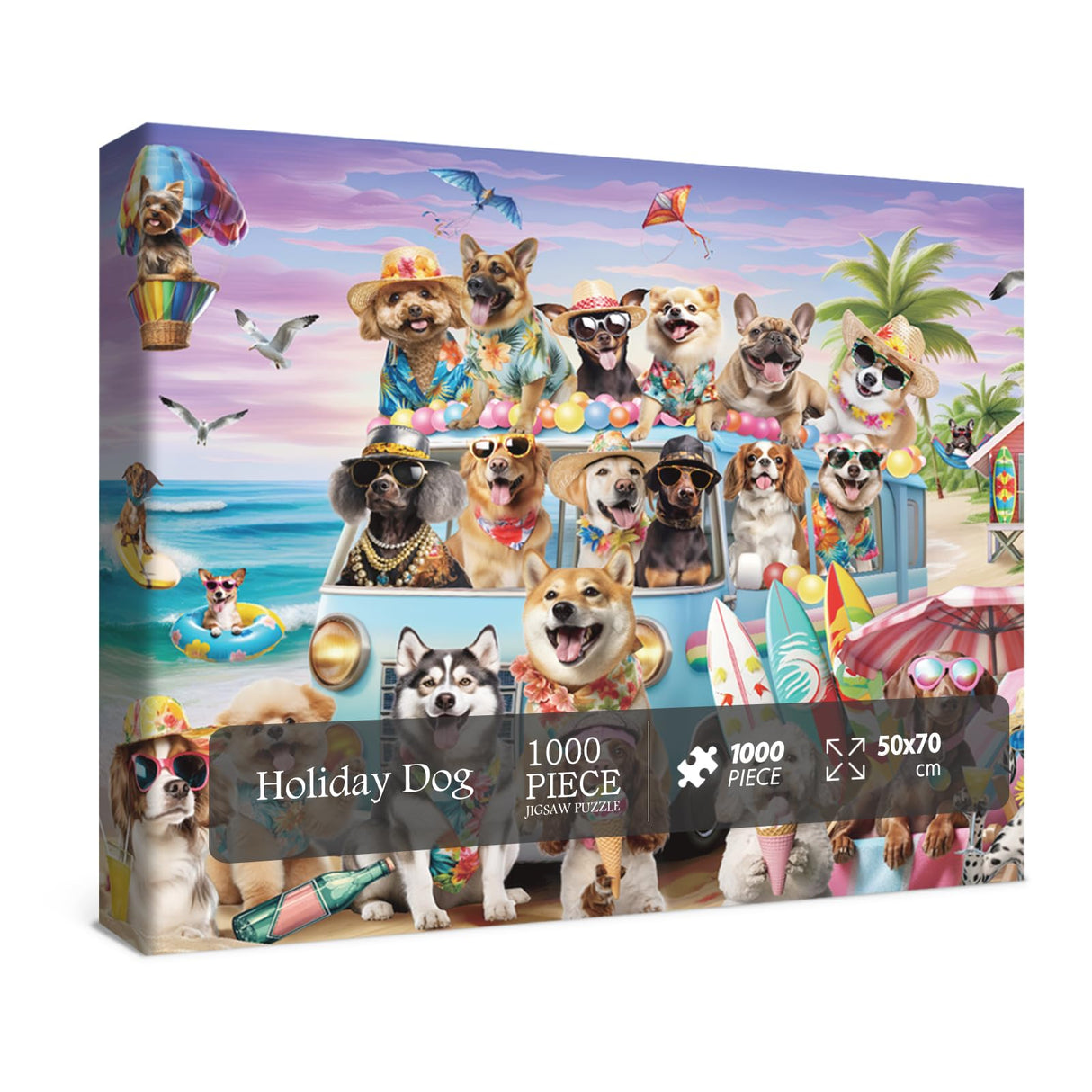 Funny Dog Puzzle Beach Dogs Puzzles 1000 Pieces for Adults, Animal Jigsaw Puzzles for Adults Vacation, Holiday Puppy Bulldog Jigsaw Puzzle Family Collage Puzzles as Home Decor BBOLDIN