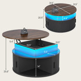 Itaar 31.5" Lift Top Coffee Table, 3-Tier Round Coffee Table with Storage, Fluted Coffee Tables for Living Room with Sliding Cabinet Door, LED Center Table, Black Itaar