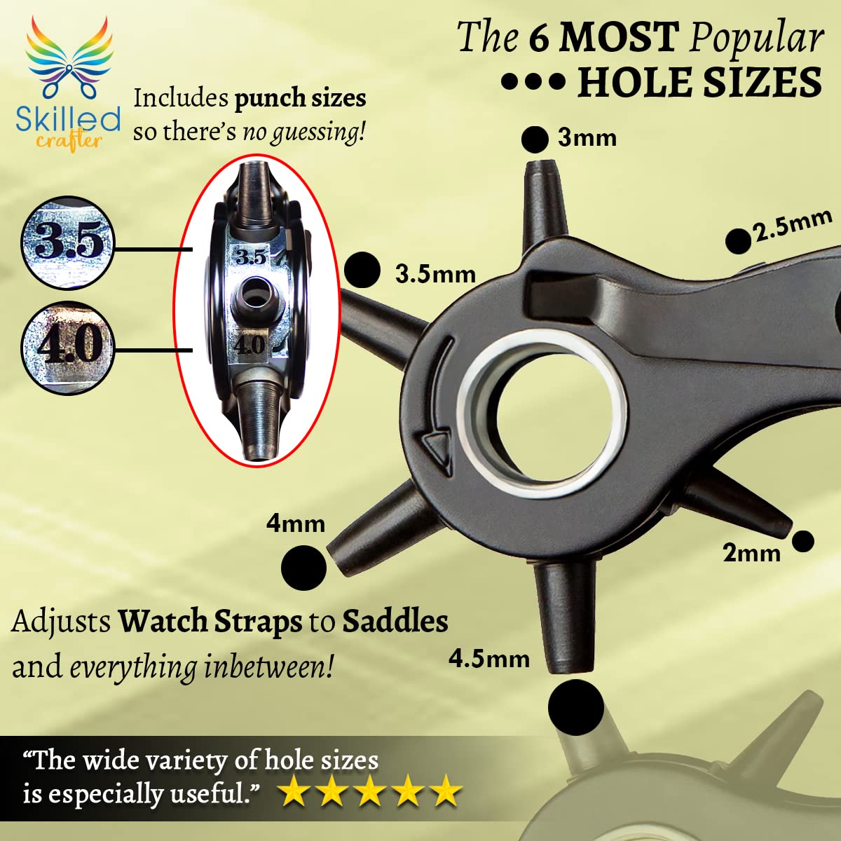 Leather Hole Punch & Belt Hole Puncher Easily Punches Perfect Round Holes. Bonus Ruler & Awl Tool. Leather Craft Tool for Watch or Bag Strap, Fabric, Eyelet - Precision Crafting & Professional Results Skilled Crafter