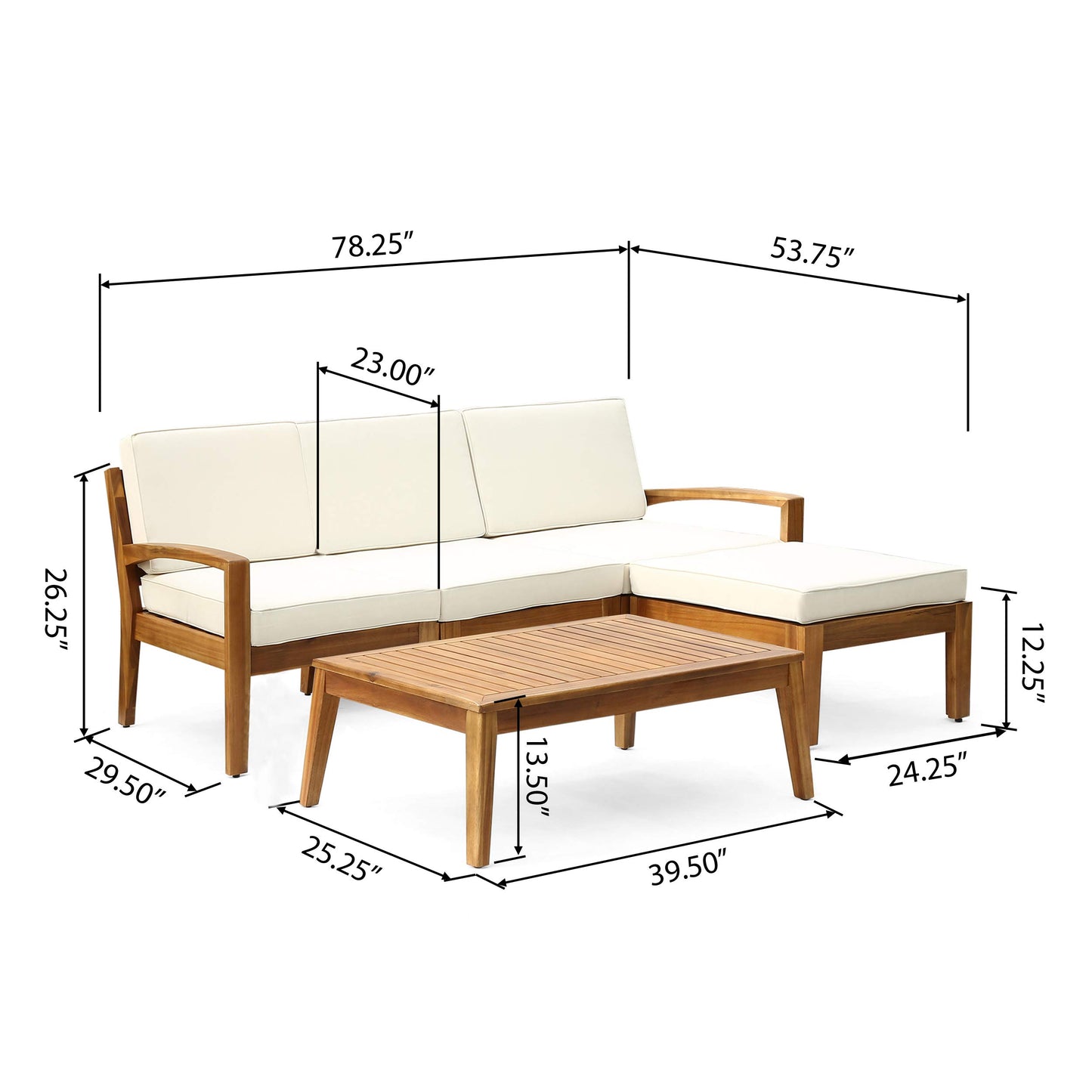 Christopher Knight Home Grenada Sectional Sofa Set | 5-Piece 3-Seater | Includes Coffee Table and Ottoman | Acacia Wood Frame | Water-Resistant Cushions | Teak and Beige, Finish - WoodArtSupply