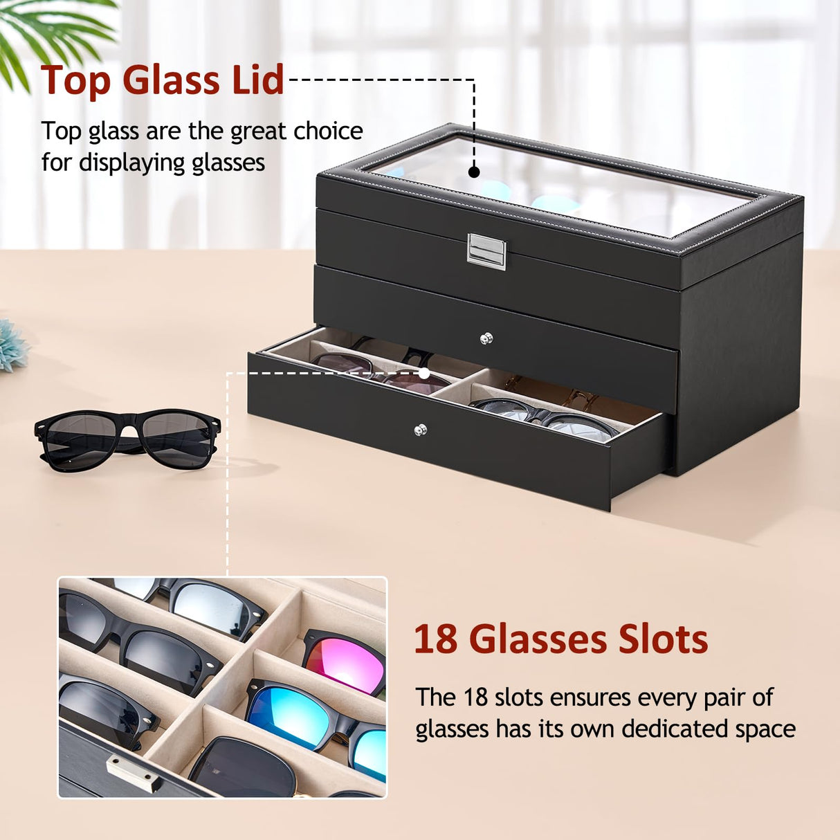 habgp Sunglasses Organizer with 18 Slots, 3-Layer Multiple Eyeglasses Eyewear Storage Glasses Holder Leather Box Display Case for Women Men - Black habgp