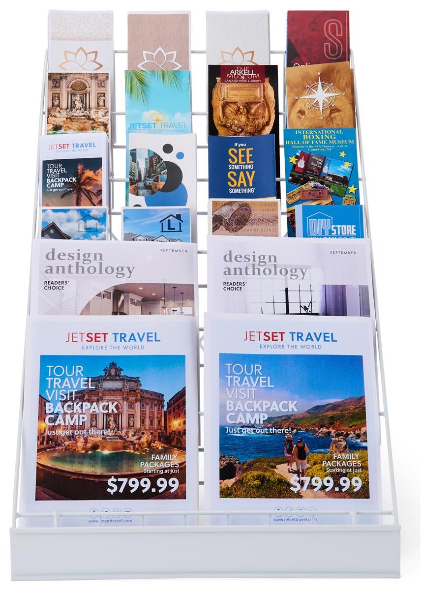 Displays2go Wire Magazine Rack with 6 Open Tiers, Holds Both Magazines and Brochures, Includes Sign Channel at the Front - White Wire Displays2go