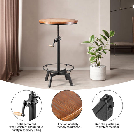 BOKKOLIK Vintage Height Adjustable Industrial Bar Table with Wooden Top - 33.47-39.37 Inch Swivel Design BOKKOLIK