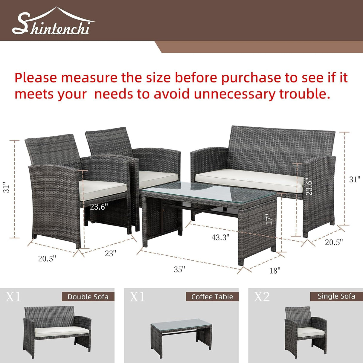 Shintenchi 4 Piece Patio Ratten Set Outdoor Furniture Set Wicker Conversation Set with Cushions and Tempered Glass Tabletop,Beige Shintenchi