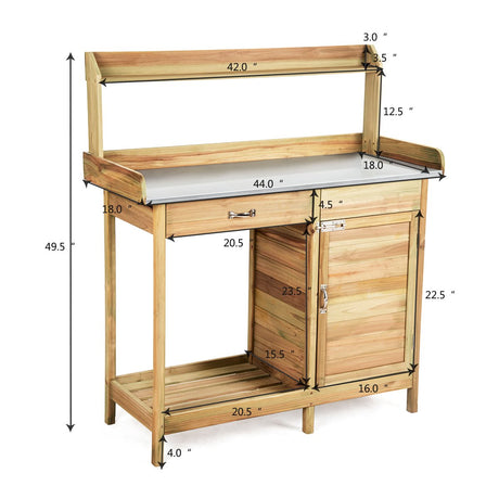 Giantex Potting Bench Table for Outside Natural Wood Garden Plant Lawn Patio Table Storage Shelf Metal Tabletop Outdoor Workstation Flower Pot Bench (Natural Fir w/Cabinet) Giantex