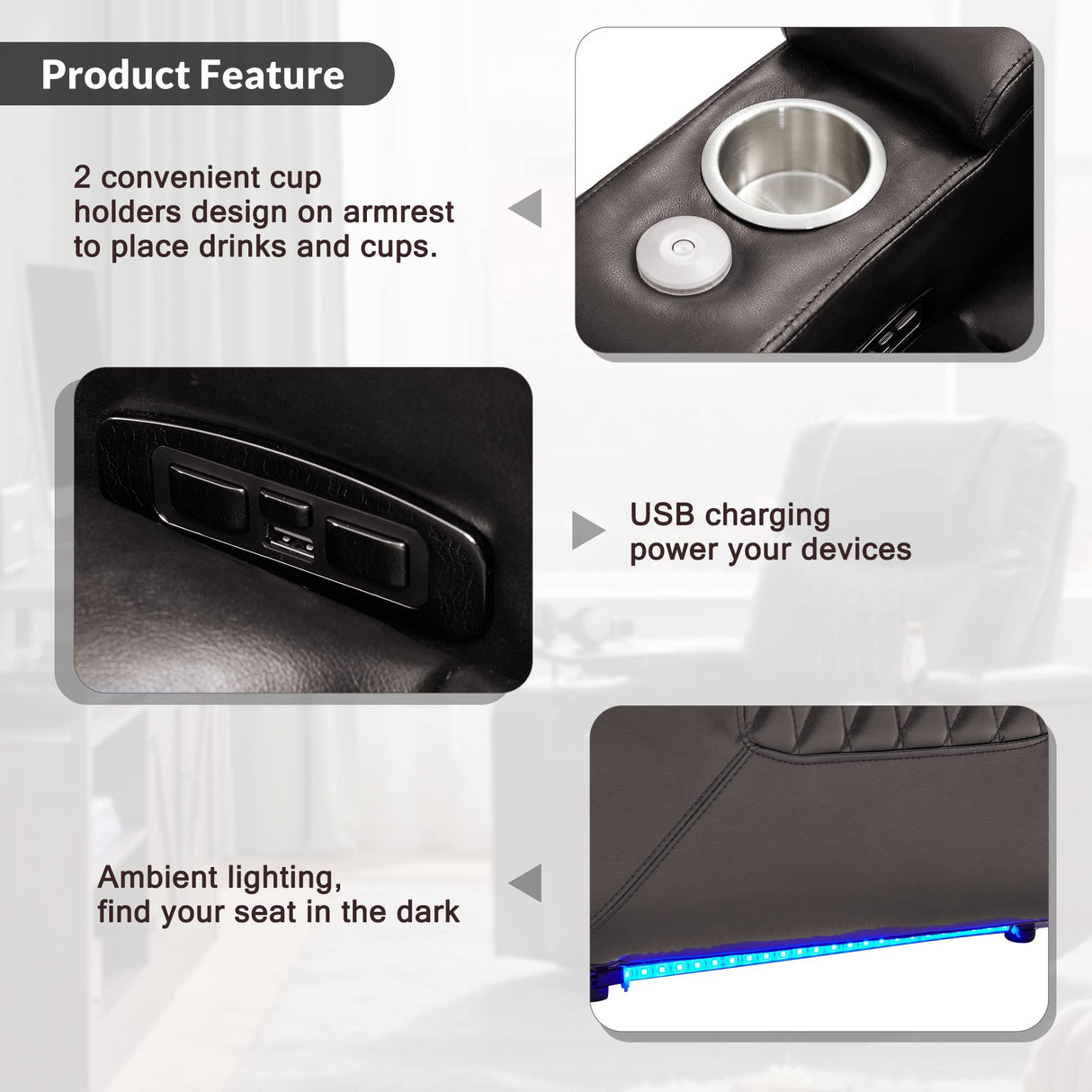 Merax Electric Recliner Chair with USB Charge Port, 360 Swivel Tray Table, Hand in-Arm Storage, and Cup Holders, Ambient Lighting - Ambient Lighting Gaming Recliner Chair Home Theater Seating (Brown) Merax