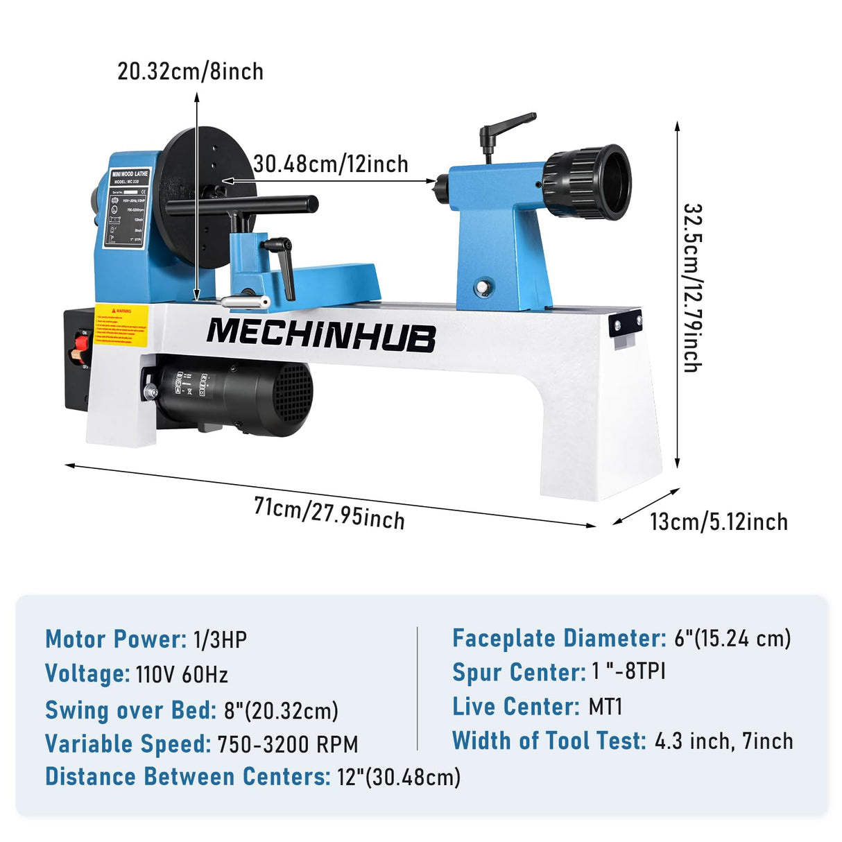Mini Benchtop Wood Lathe, 8" x 12" Small Wood Lathe Machine 1/3 HP Infinitely Variable Speed 750-3200 RPM with Wood Turning Lathe Tools Kits Professional for DIY Woodworking MECHINHUB