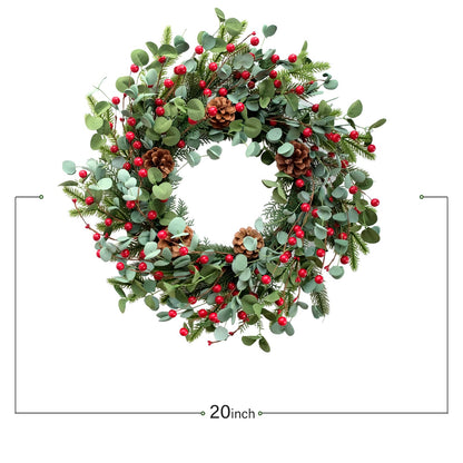 Idyllic Eucalyptus Wreath for Front Door,20" Red Berries Christmas Wreath with Pine Cones, Decorations for Everyday Farmhouse Window Outdoor/Indoor