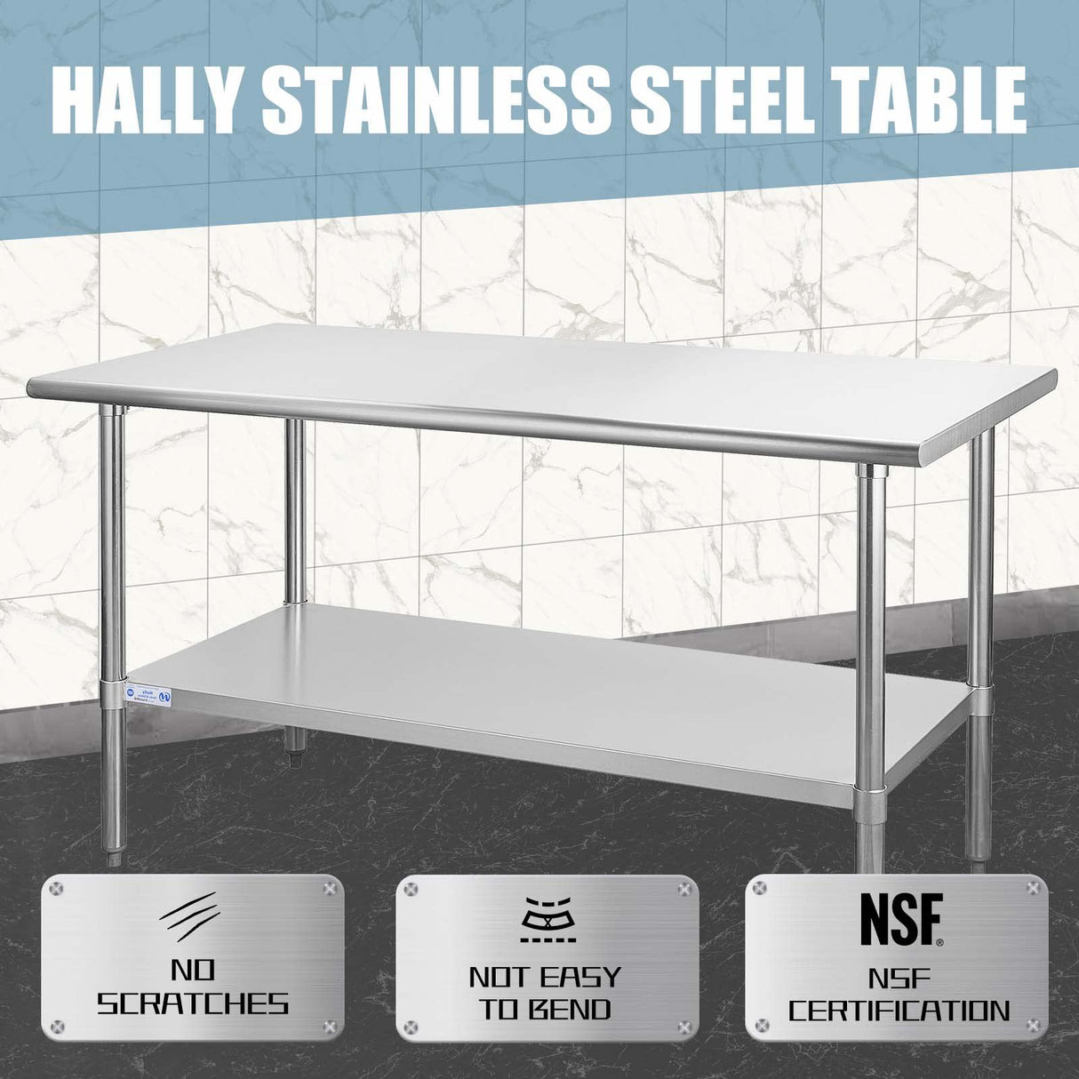 HALLY Stainless Steel Table for Prep & Work 30 x 60 Inches, NSF Commercial Heavy Duty Table with Undershelf and Galvanized Legs for Restaurant, Home and Hotel HALLY SINKS & TABLES H
