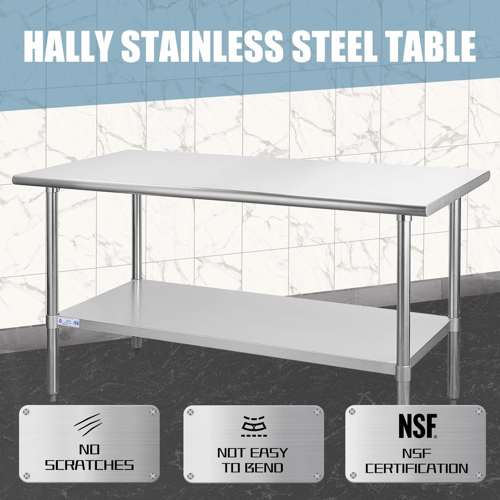 HALLY Stainless Steel Table for Prep & Work 30 x 60 Inches, NSF Commercial Heavy Duty Table with Undershelf and Galvanized Legs for Restaurant, Home and Hotel - WoodArtSupply