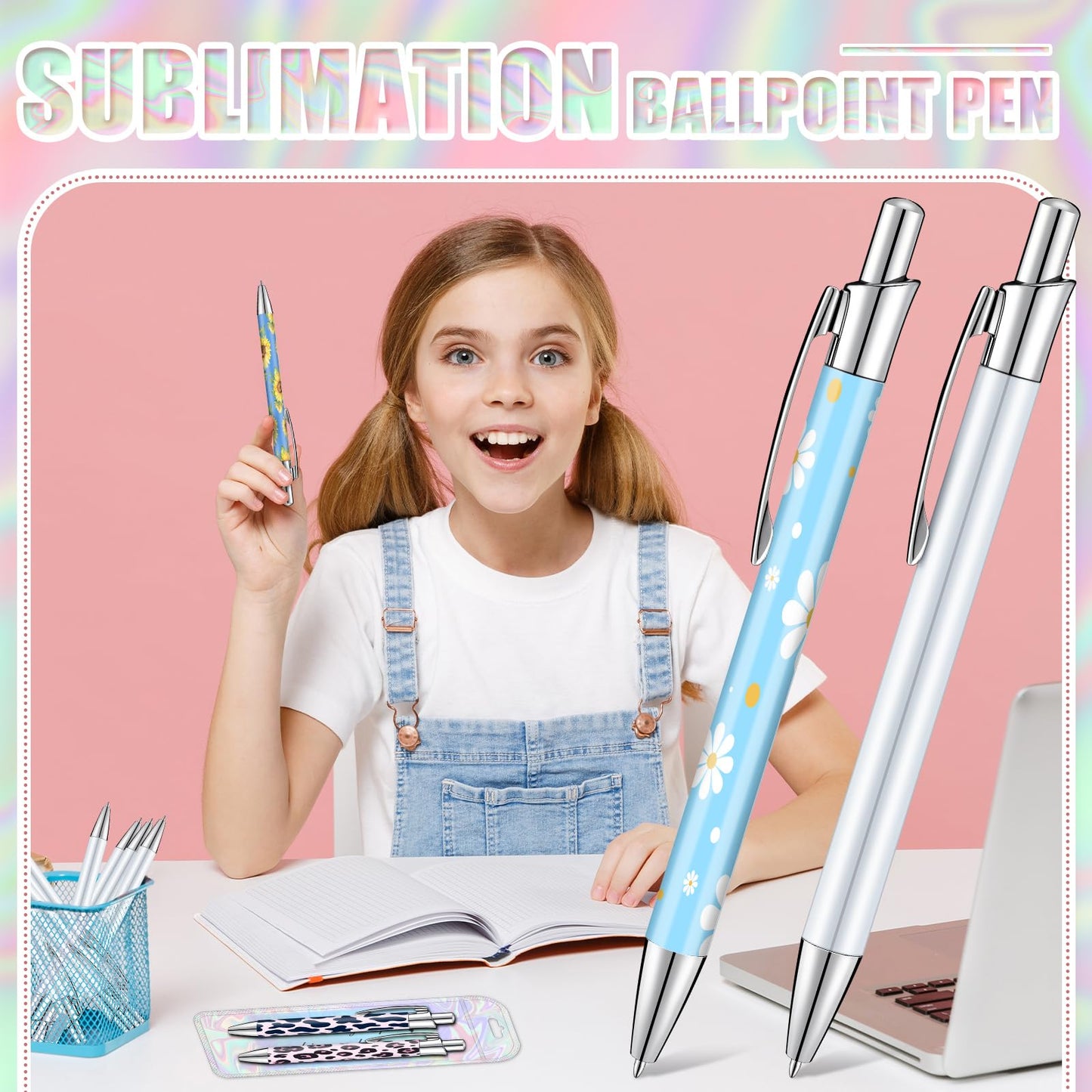 Yexiya 60 Pcs Sublimation Pen Kit Sublimation Pen Blank with Resealable Pouch Bag and Holographic Thank You Card Sublimation Ballpoint Pen School Supply for Christmas Office School Stationery Supply