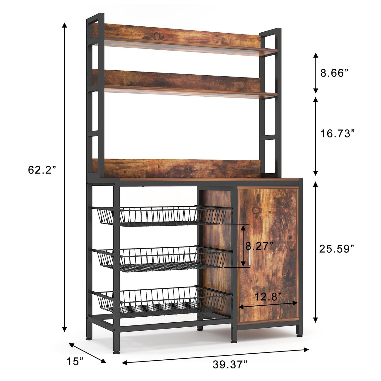 NAIYUFA Kitchen Bakers Rack with Baskets and Door,Industrial Microwave Oven Stand,Utility Storage Shelf,Free Standing Kitchen Utility Cart Storage Shelf Organizer with Hooks NAIYUFA