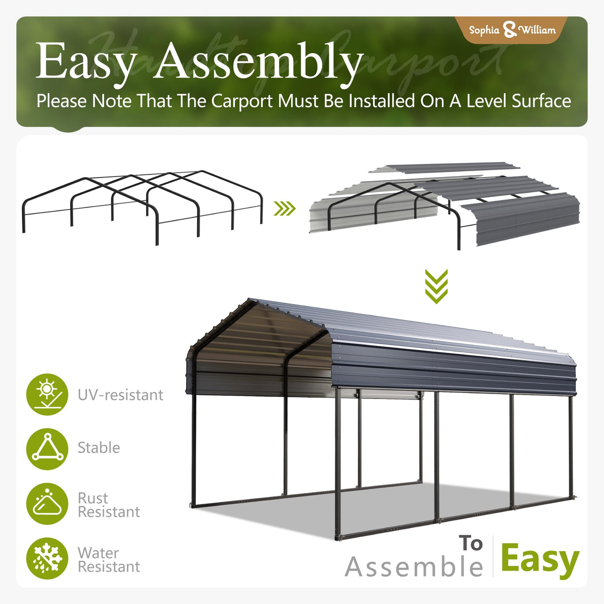 Sophia & William Carport Car Port Metal Canopy 10x15 ft Heavy Duty for Snow, Portable Garage Kit Shed Tent Shelter Metal Frame All Weather Outdoor for Boat with Anti-Leak Seam Taped, Dark Grey Sophia & William