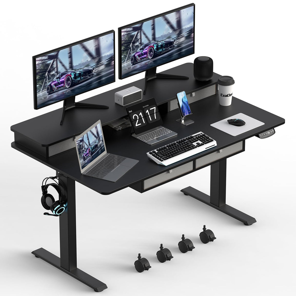 ExaDesk Electric Standing Widened Desk 63 * 30 Inches Adjustable Height with 4 Drawers, Double Storage Shelves Stand Up Desk, Home Office Workstation Sit Stand up Desk (Classical Black) ExaDesk