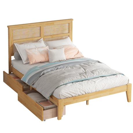 KEIKI Full Size Wood Platform Bed Frame with Rattan Headboard, 2 Storage Drawers, Modern Bed with Solid Wooden Slats, Easy Assembly, No Box Spring Required, for Bedroom, Guest Room, White Oak KEIKI