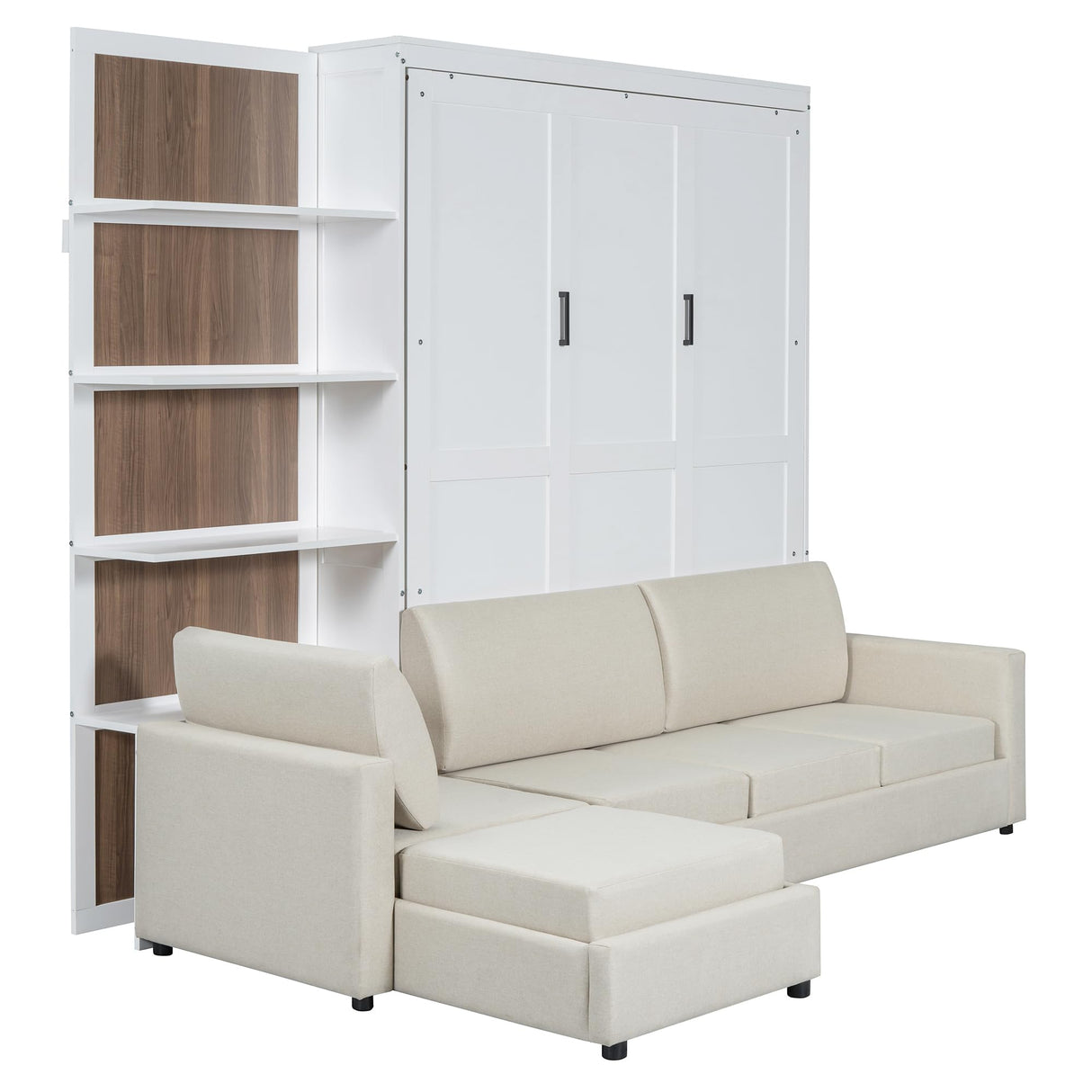 HABITRIO Queen Size Murphy Bed, Wooden Queen Murphy Bed Frame with Shelves, Wall Bed with L-Shape Sofa, White HABITRIO