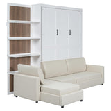 HABITRIO Queen Size Murphy Bed, Wooden Queen Murphy Bed Frame with Shelves, Wall Bed with L-Shape Sofa, White HABITRIO