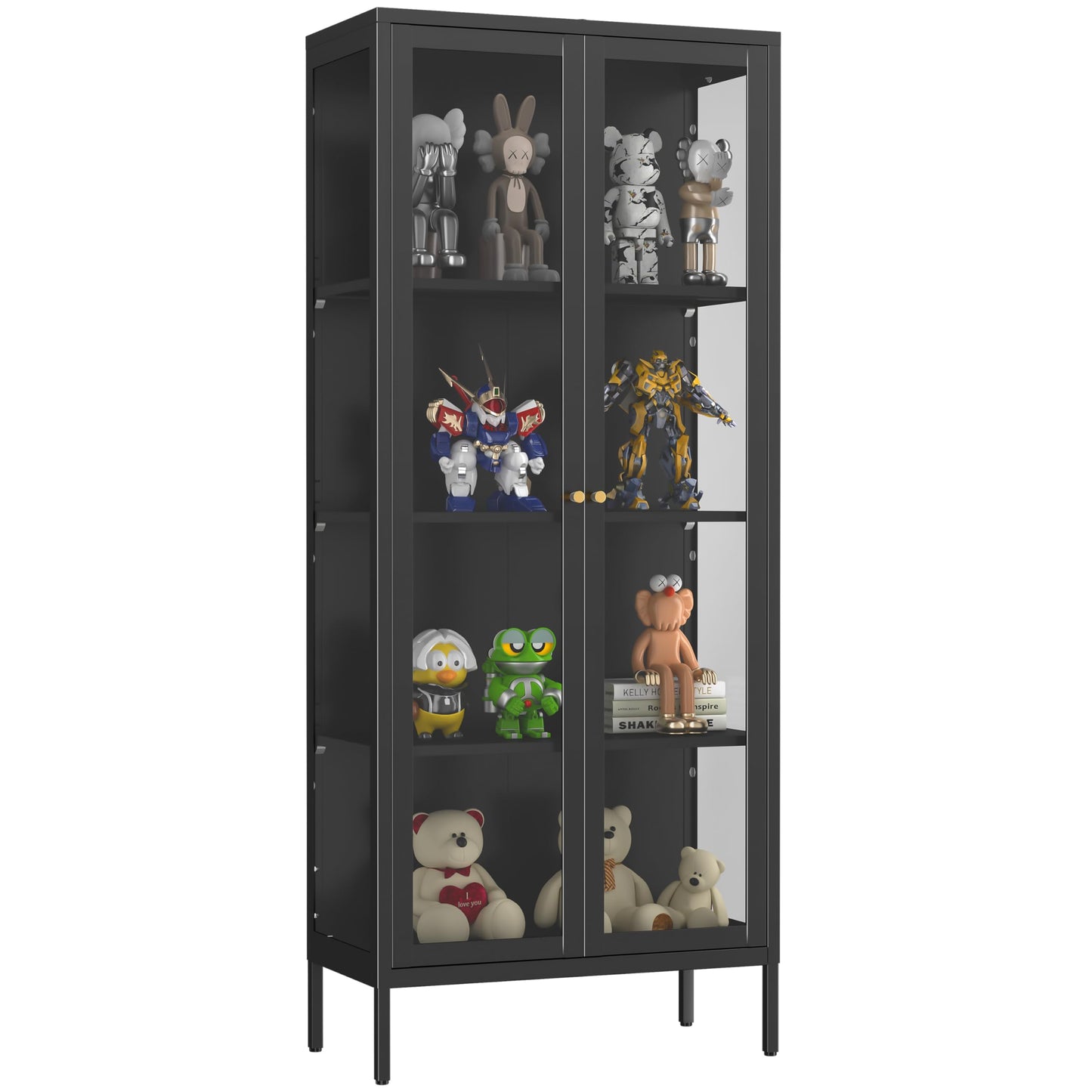 SteeLoong Glass Display Cabinet,66”Metal Black Display Cabinet with Glass Doors and 3 Adjustable Shelves,Curio Display Cabinet for Livingroom