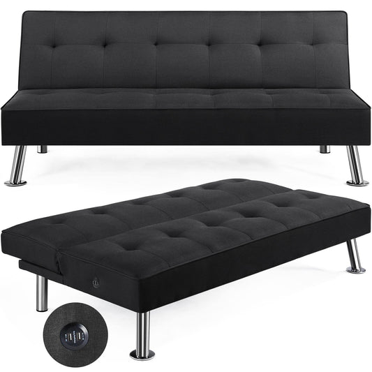 Yaheetech Modern Convertible Futon Sofa Bed w/ 2 Integrated USB Charging Ports Fabric Loveseat Couch Metal Legs, 3 Angles Adjustable Back for Compact Living Space, Apartment, Dorm, Bonus Room Black