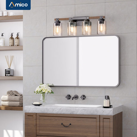 Amico Farmhouse Bathroom Vanity Light Fixtures,Rustic 4-Light Industrial Painted Wood Vanity Lights for Bathroom,Vintage Black Wall Sconces Bathroom Vanity Lighting with Bubble Glass Shade Amico