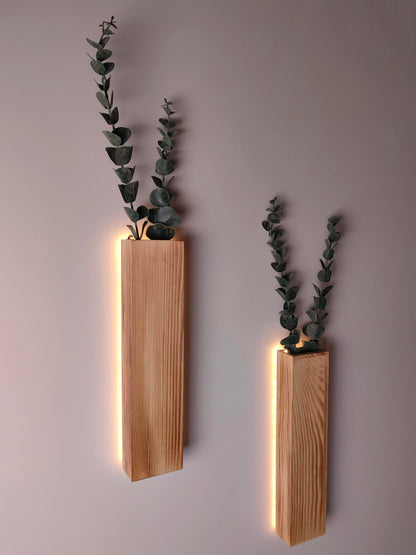 2 Pack Wall Planter with Led Lights Wood Plant Hanger with Artificial Eucalyptus Wall Hanging Decor Pocket Planter Vases Fake Plants Dried Flowers, livingroom Bedroom Kitchen Home Office Deco - WoodArtSupply