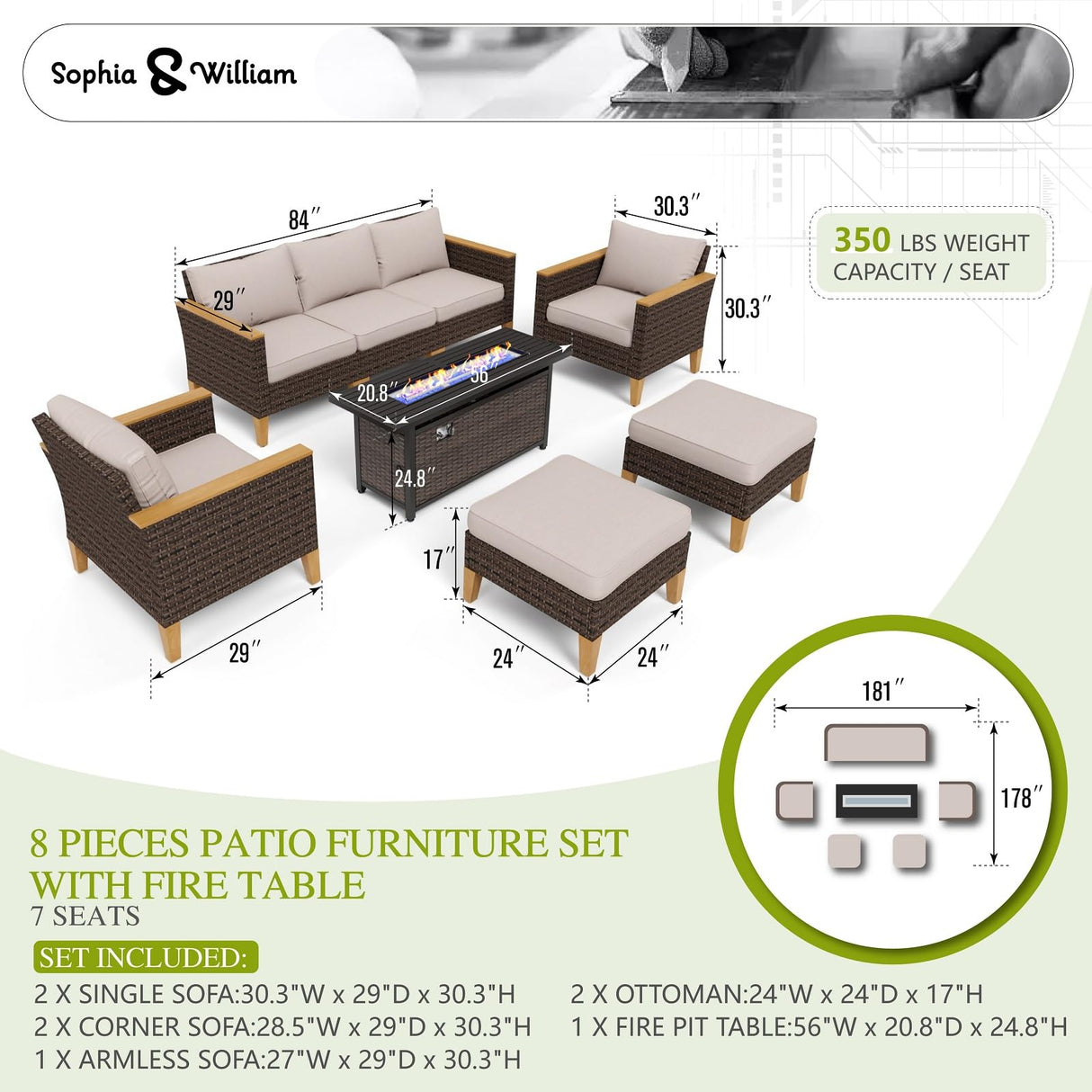 Sophia & William Patio Furniture Set with Fire Pit Table, Large Outdoor Wicker Rattan Sectional Sofa 8 Piece Patio Conversation Set for Deck, Backyard, Porch, Outside(56-Inch Fire Pit,Beige) Sophia & William