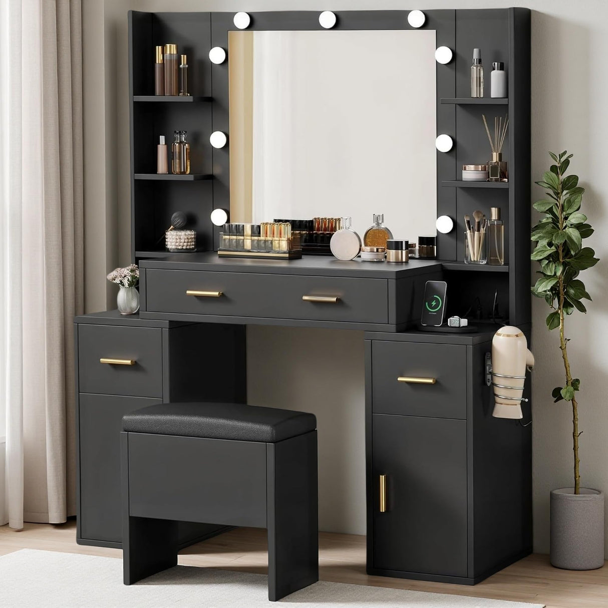 DWVO Vanity Desk with Large Mirror and LED Lights, Makeup Vanity Table Set with Power Outlets, Comfy Stool & Storage Drawers, Shelves and Cabinets, 3 Lighting Modes Makeup Table, Dressing Room, Black DWVO