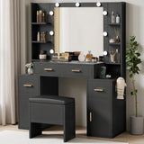 DWVO Vanity Desk with Large Mirror and LED Lights, Makeup Vanity Table Set with Power Outlets, Comfy Stool & Storage Drawers, Shelves and Cabinets, 3 Lighting Modes Makeup Table, Dressing Room, Black DWVO