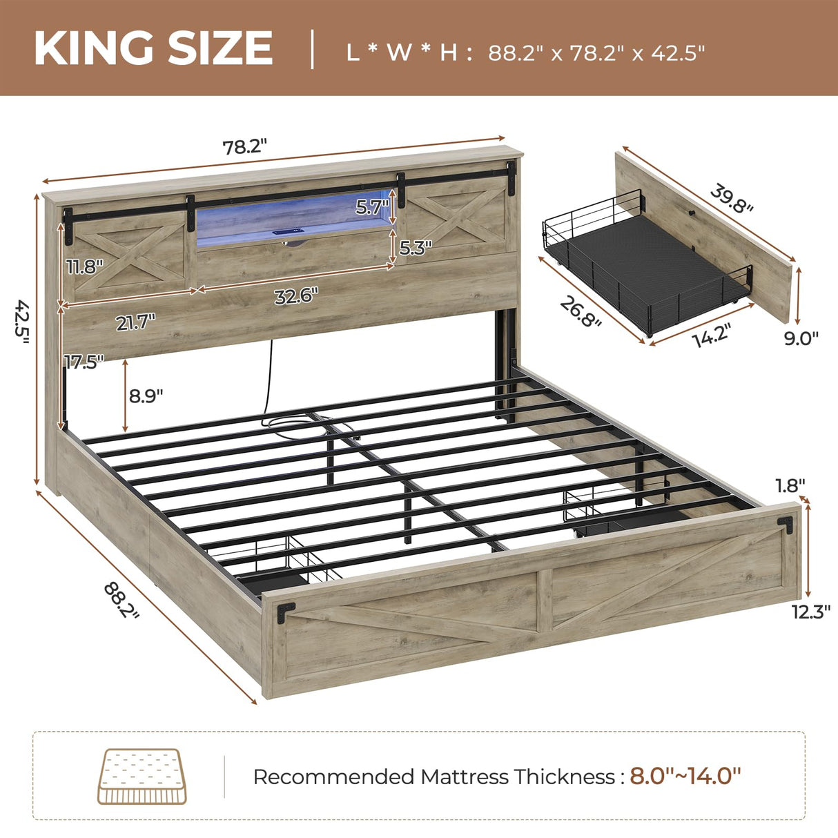 Hasuit Rustic Oak Farmhouse King Bed Frame with LED Lights, Charging Station, and Storage Drawers Hasuit