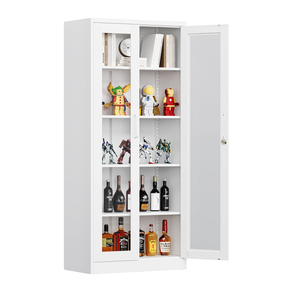 Yizosh Display Cabinet with Glass Doors, 5-Tier Curio Cabinet with 4 Adjustable Shelves, 67" Display Case for Home, Living Room, Assemble Required (White) Yizosh